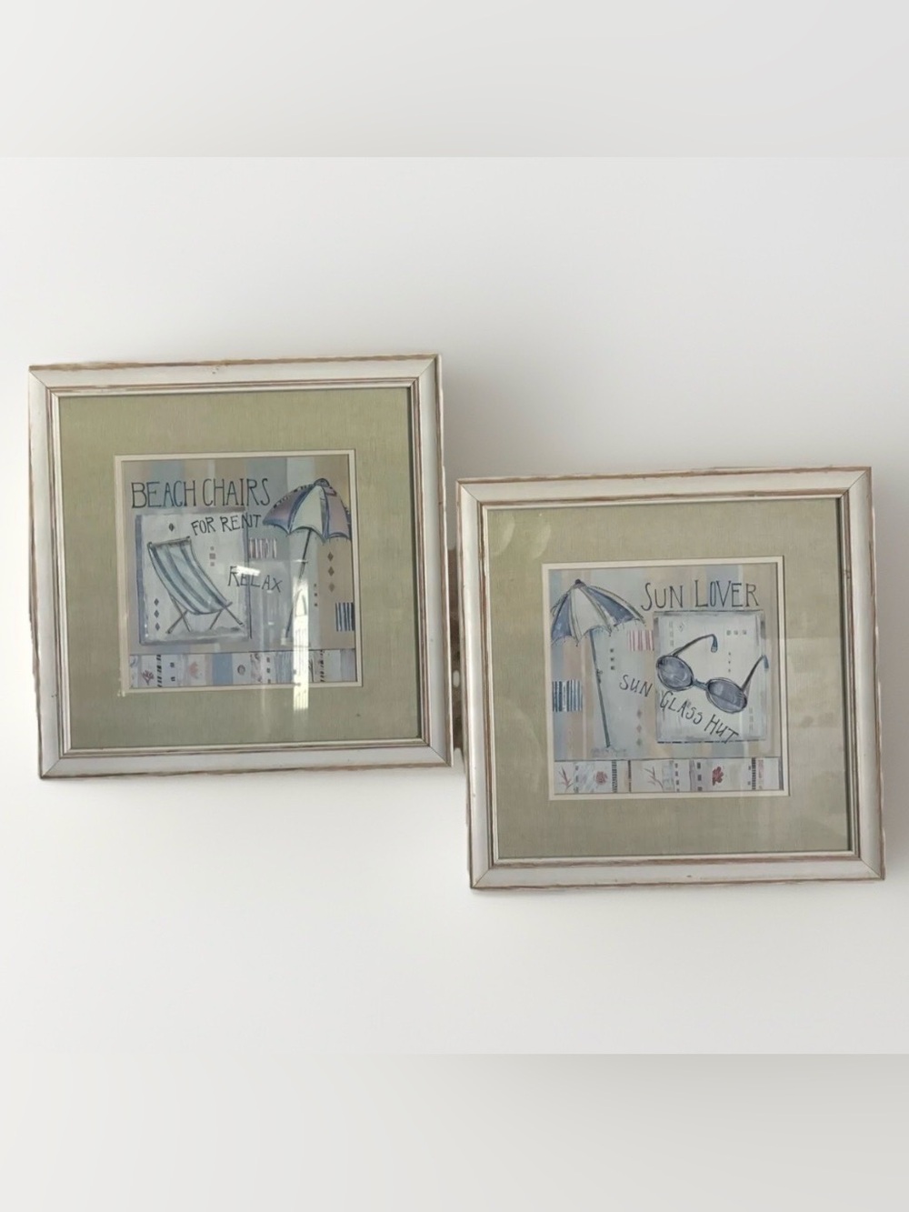 Beach Chairs, Sun Lover Chairs 16x16 Framed Matted Beach Scene Wall Pictures 80s